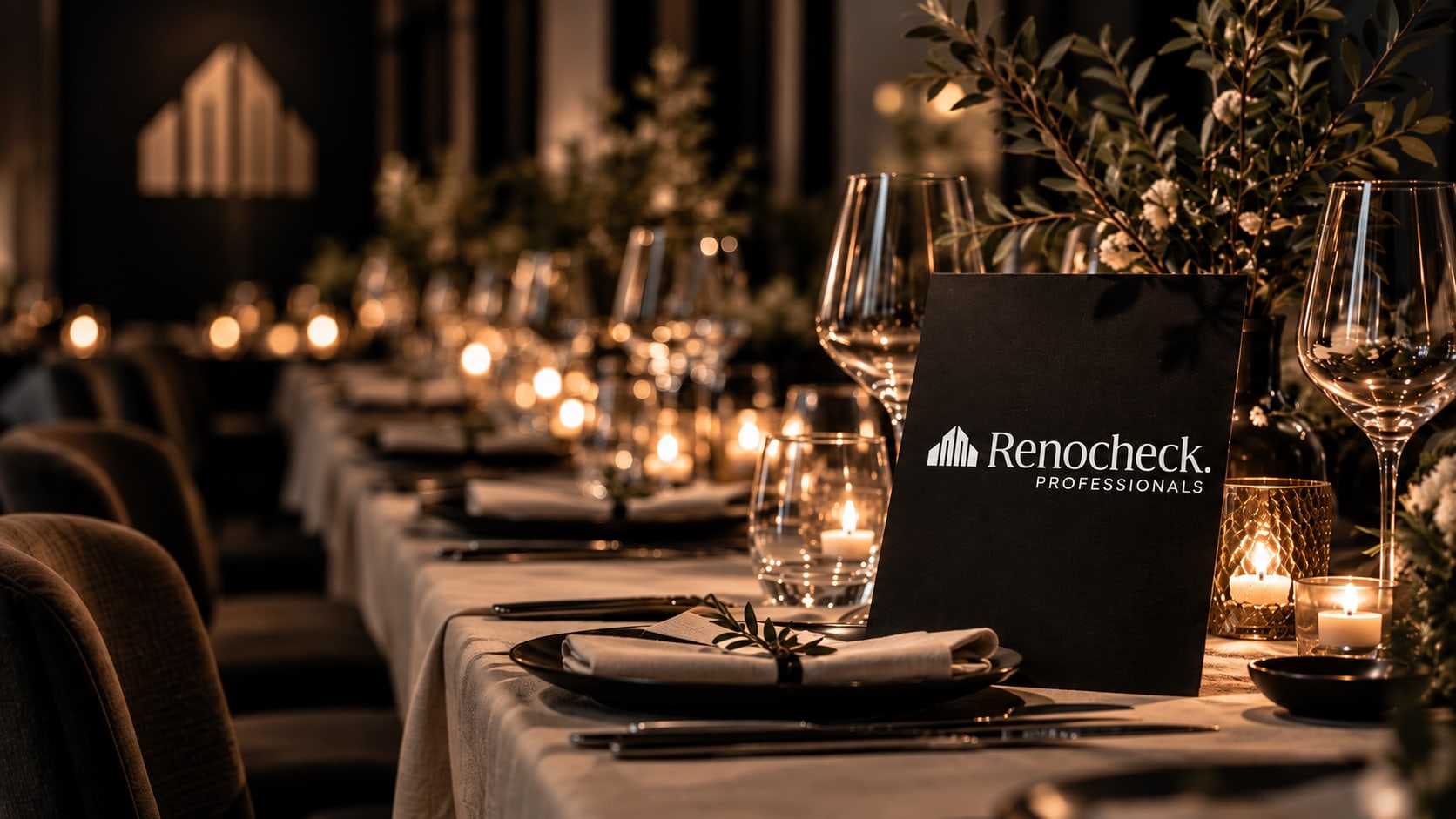 Gedekte tafel op een Renocheck Professionals partnerdiner, met kaarslicht en een menukaart met het logo